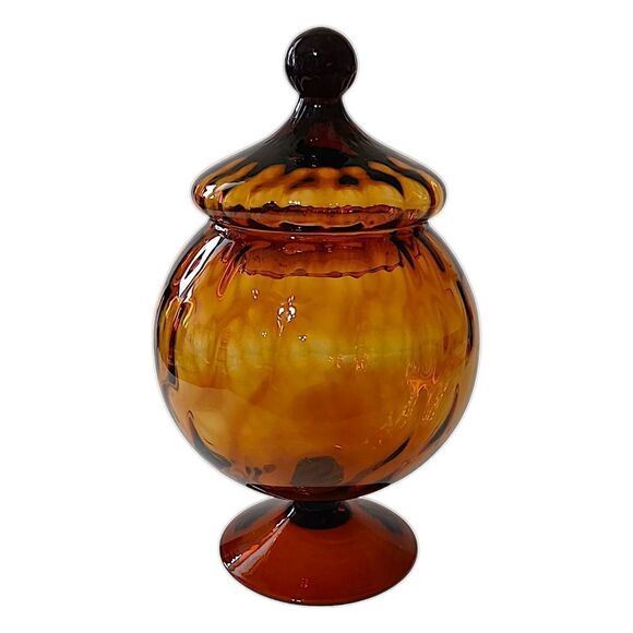 Empoli Amber Glass Candy Dish Lid Apothecary Jar Circus Tent Optic Panel Italy - Picture 9 of 16
